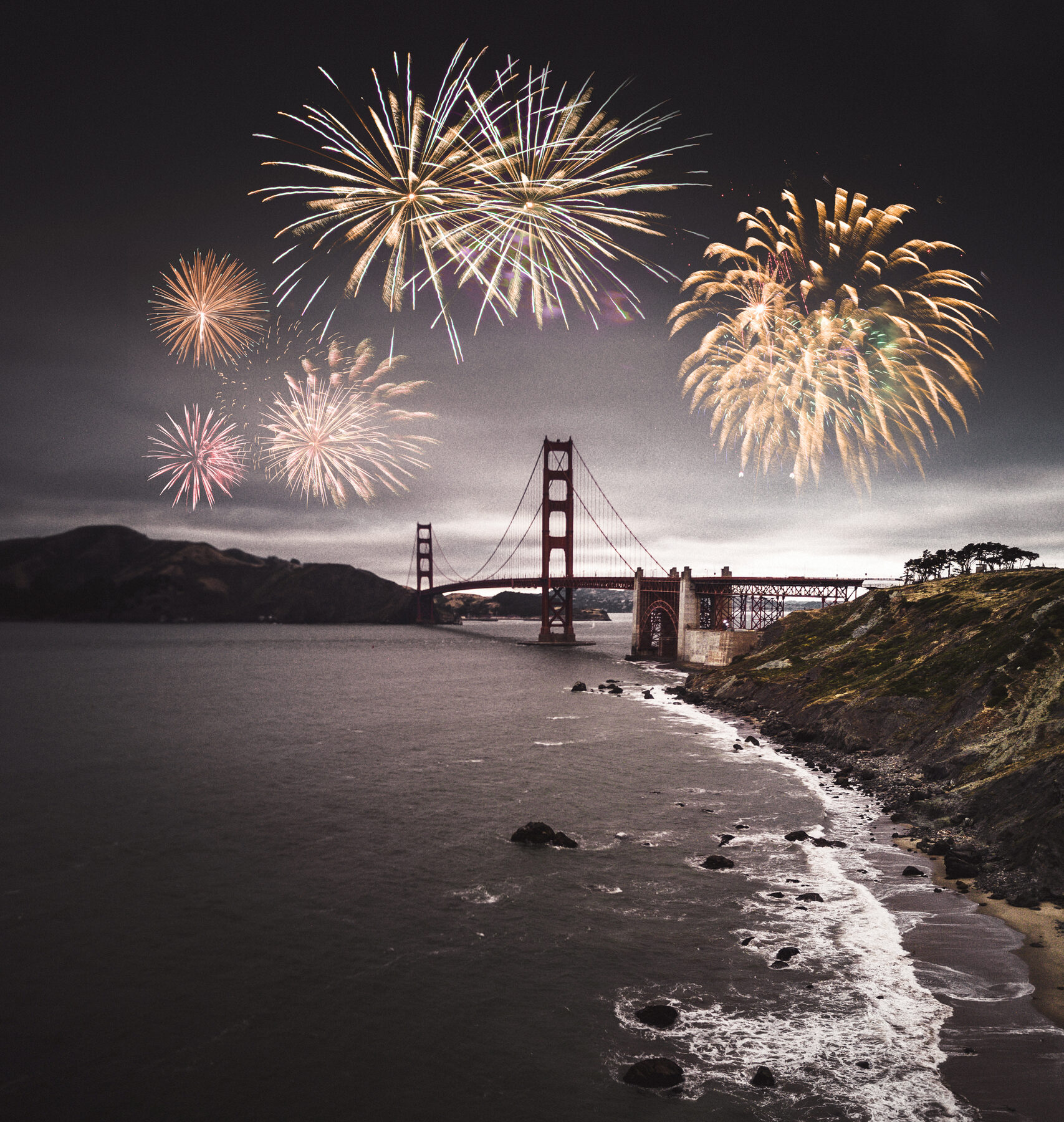 Golden Gate Bridge with fireworks
